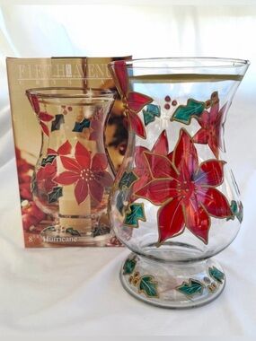 Fifth Avenue Crystal Poinsettia Glass 9” Hurricane Candle Holder or Vase